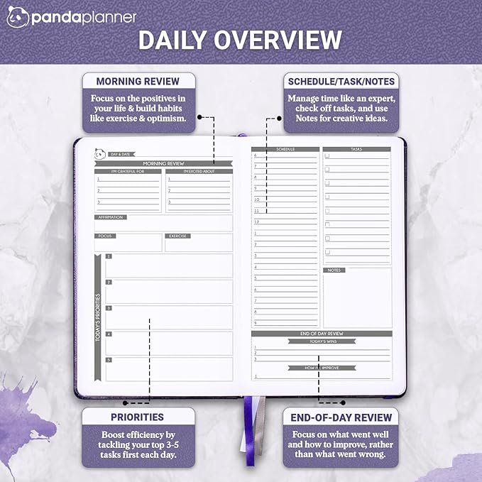 Panda Planner Classic Daily Planner 2025-2026 – Undated Day Planner & Productivity Calendar Notebook for Focus, Goals & Time Management – Purple