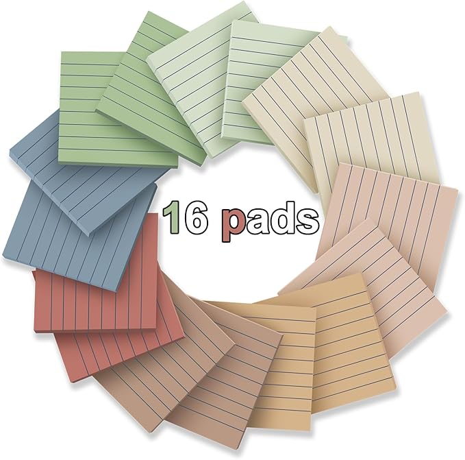 (16 Pack) Lined Sticky Notes 3x3 in Ruled Stickies Super Sticking Power Memo Pads Vintage Colors