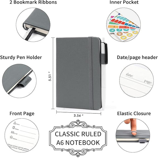 feela 3 Pack Pocket Notebook Journals with 3 Black Pens, A6 Mini Cute Small Journal Notebook Bulk Hardcover College Ruled Notepad with Pen Holder for Office School Supplies, 3.5”x 5.5”, Gray