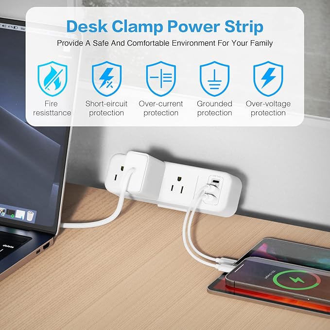 3 Outlet Desk Clamp Power Strip with USB C, White Flat Plug Desktop Edge Power Strip, Desk Mount Clamp Socket Connect 6.5 ft Thin Extension Cord for 1.6 inch Tables.