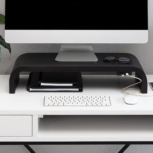 Anji Mountain Wood Monitor Stand Riser Desk Desktop Organizer Table for Home, Office Workspace, Laptop Riser, Ergonomic Design Stand for Gaming Setup, with Power Source, Black