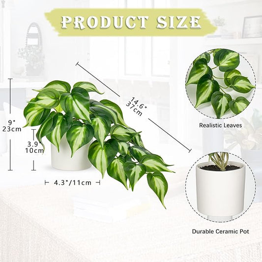 Hollyone Artificial Plants Potted Fake Plants in White Ceramic Pot Faux Pothos Plants Indoor for Home Living Room Shelf Office Aesthetic Decor