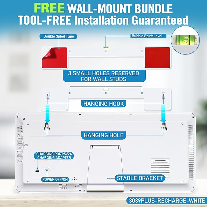 (6" Numbers) Display Built-in Rechargeable Power 18.44" Atomic Wall Clock -Night Display-Never Needs Setting!-Easy to Read Numbers-Never Need Replace Battery