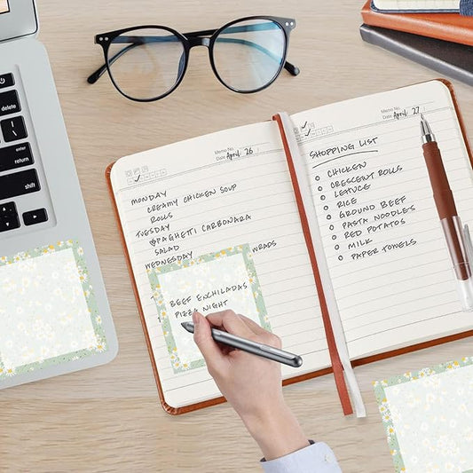 Sticky Notes, 2 Pads, 3x3 inches, Cute Colorful Fun Self-Stick Note Pads, Easy Post, Strong Adhesive Notepad Green Daisy Field