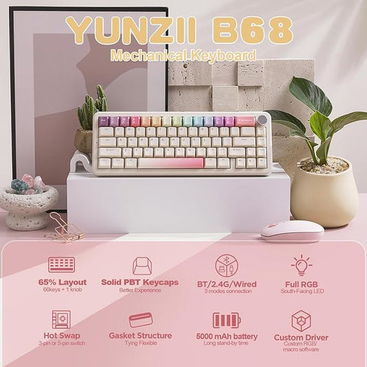 YUNZII B68 Wireless Mechanical Keyboard,Tri-Mode BT5.0/2.4GHz/USB-C,Cute PBT Keycaps,Hot Swappable Creamy Typing Gasket Mounted,RGB Backlit NKRO for Win/Mac (Beige, Milk V2 Switch)