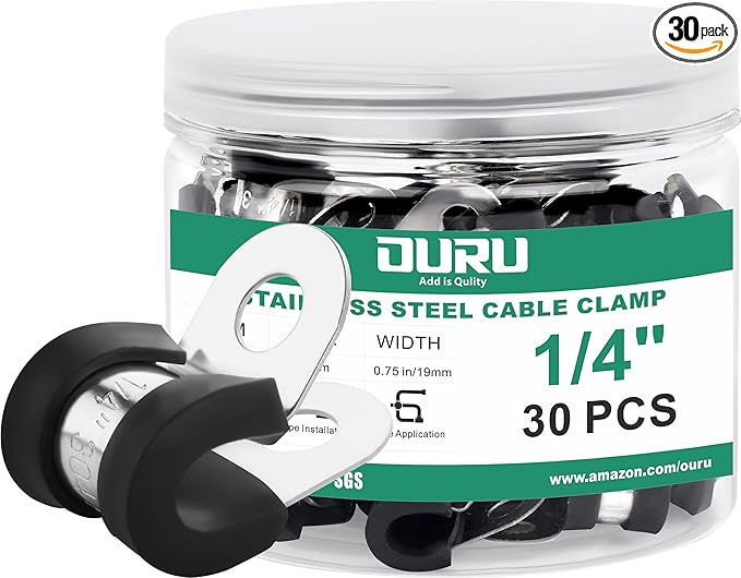 30pcs 1/4 Inch Stainless Steel Rubber Coated Cushioned Insulated Cable Clamps,Automotive Pipe Metal Clamps for Tube,Lines,Wire Cord Installation(Black,6mm)