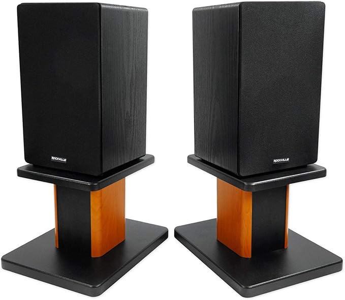 Rockville Pair RHT8C 8" Desktop Speaker Stands, 66 lbs. Capacity, Wood Finish, Resonance-Free, Cable Management, Isolation Pads, for Bookshelf/Studio Monitors