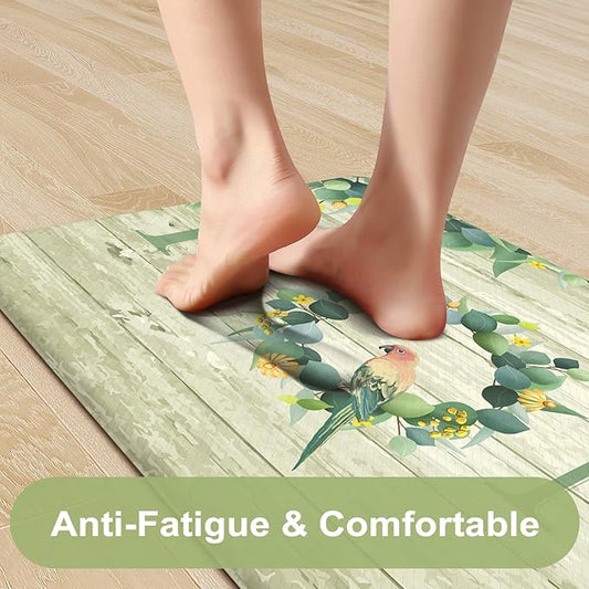 KIMODE Anti Fatigue Kitchen Mats for Floor 2 Piece,Farmhouse Spring Rugs Non Slip,Cushioned Memory Foam Carpet for Sink Laundry Office Bathroom,Green 17"x47"+17"x29"