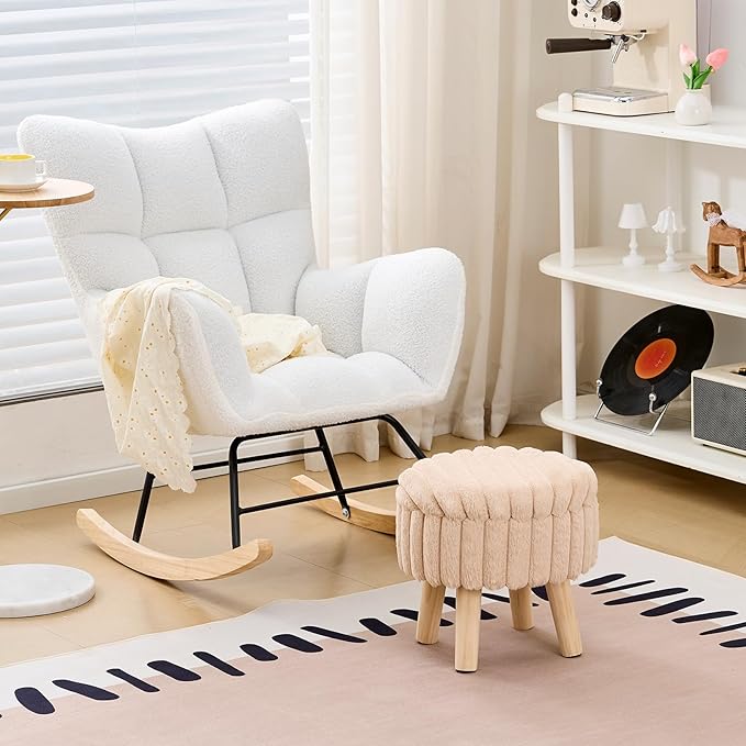 Wimarsbon Storage Ottoman,Soft Faux Fur Footstool with Padded Seat, Small Reading Vanity Chair, Footrest with Wood Tray for Couch, Mini Coffee Table or Display Stand (Beige, Round Storage)