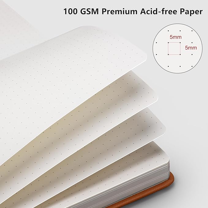 RETTACY Bullet Dotted Journal Notebook, 320 Numbered Pages, A5 Medium Size (5.7'' × 8.3''), Leather Hardcover, 100 GSM Thick Paper, for Bullet Journaling, Planning, Tracking (Brown)