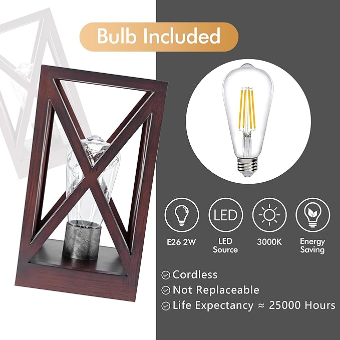 WINGBO 2 Pack Retro Battery Powered Table Lamps, Battery Operated Cordless Lamp Set, Portable Nightlight Decorative Light for Living Room Dining Room Bedroom Entryway Patio Backyard, Walnut Finish