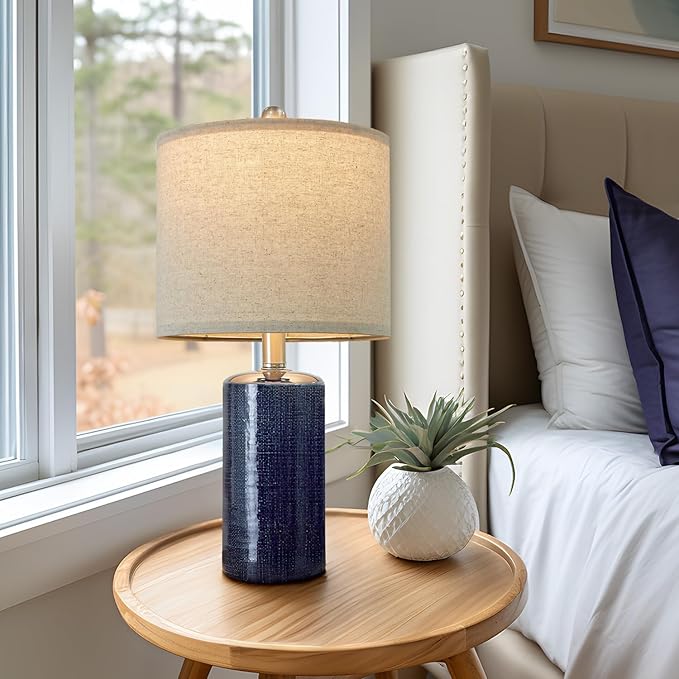 20.25/inch Modern Ceramic Table lamp Set of 2 Small Farmhouse Bedside lamp Dark Blue Nightstand Lamp End Table Lamps for Living Room Bedroom Study Office AMZ-T1109BL0