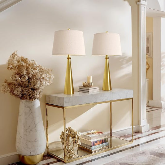 Oneach 25.75" 3-Way Dimmable Touch Control Modern USB Table Lamp Set of 2 for Living Room Bed Room Bedside Nightstand Lamps Fabric Shade Vintage Accent Light Gold Antique Brass