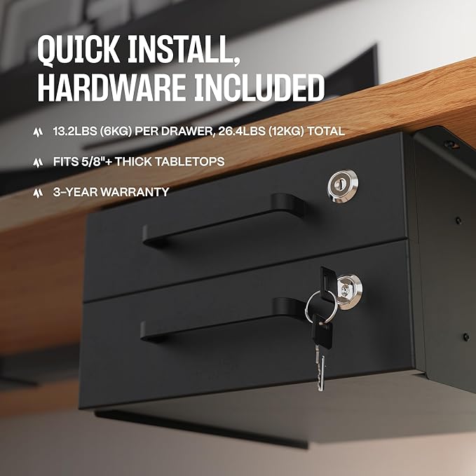 Under Desk Drawer Slide-Out – Lockable Metal Storage Drawers with Cable Management for Office & Home (Double, Non-Bracketed)