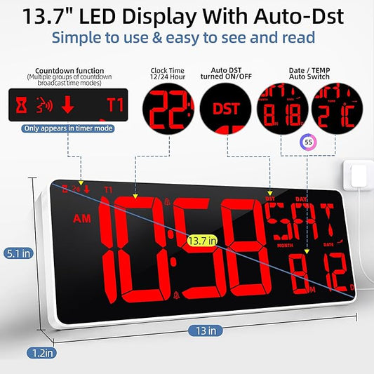 TXL 13.7 Inch Large Digital Wall Clock with Remote Control,LED Desk Clock Digital with DST/Calendar/Temperature/Timer Function, Auto Dimmer, Large Display for Classroom/Office (Red)
