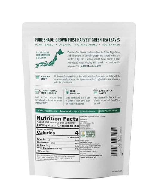 Jade Leaf Matcha Organic Green Tea Powder - Teahouse Edition - Premium First Harvest Ceremonial Grade - Authentic Japanese Origin (3.53 Ounce Pouch)