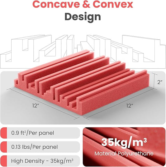 12 Pack Acoustic Foam Panels for Walls, 12" x 12" x 2" Soundproof Wall Panels, Self-Adhesive Soundproofing Padding, High Resilience Sound Absorbing Panels for Home Studios, Offices - Red