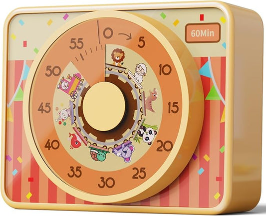 VOCOO Kids Visual Timer for Classroom - 60-Minute Countdown for Kitchen Cooking Office, Strong Magnet, Silent Time Management Tool, 2 AAA Batteries Included, Cute Animal Pattern (Orange)