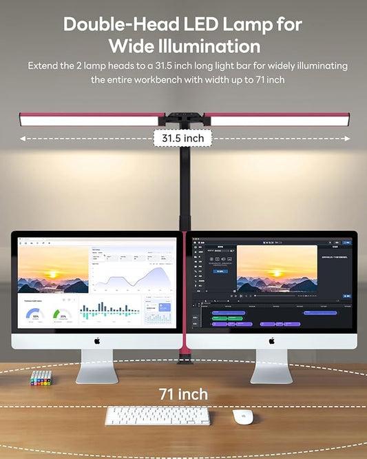 LED Desk Lamp for Home Office, Eye-Caring Desk Light with Clamp, Stepless Dimming 24W Double Head Architect Task Lamp with Remote Control, Flexible Gooseneck for Working Studying Reading Drafting(RED)