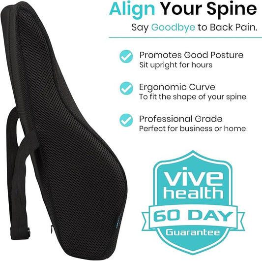 Vive Full Lumbar Pillow - Memory Foam Contour Support Cushion for Lower Back Pain - Muscle Strain, Sciatica, Arthritis, Osteoporosis, Scoliosis, Kyphosis, Bulging or Herniated Disc - Improve Posture