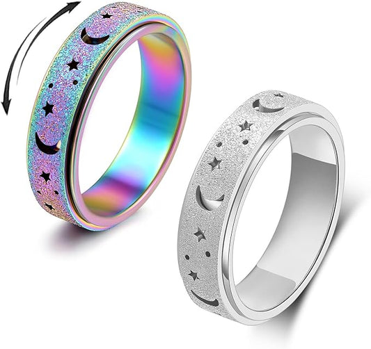 OreilleStar Anxiety Ring for Women Spinner Ring Fidget Ring Fidget Toys Adults Spinner Rings Stainless Steel Silver Rainbow Size 6 Moon Star Band