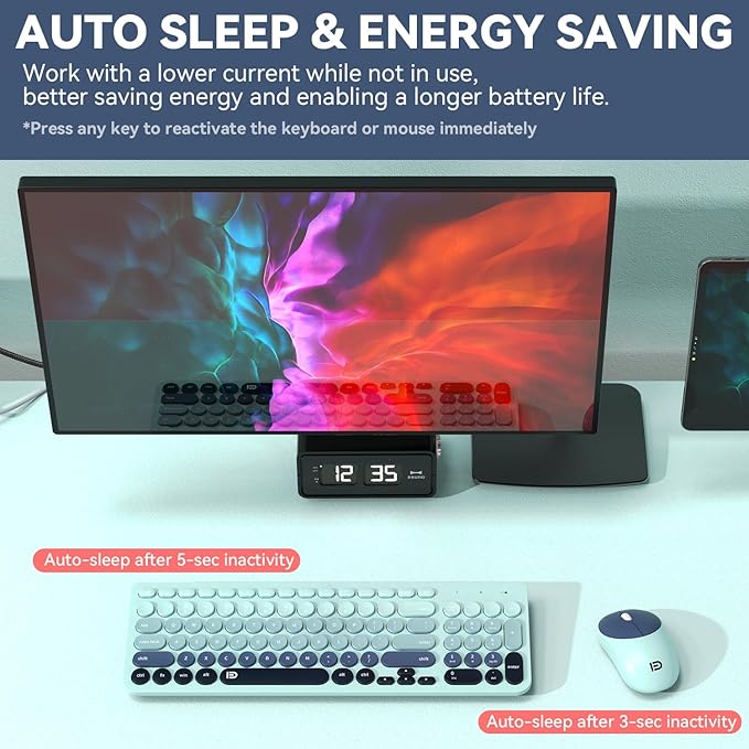 Wireless Keyboards Mouse Combos, Colorful Cute Typewriter Full-Size Retro Round Keycaps, 2.4GHz Cordless Connection Sleep Mode Office Wireless Keyboard and Mouse Set for Desktop Laptop PC Computer