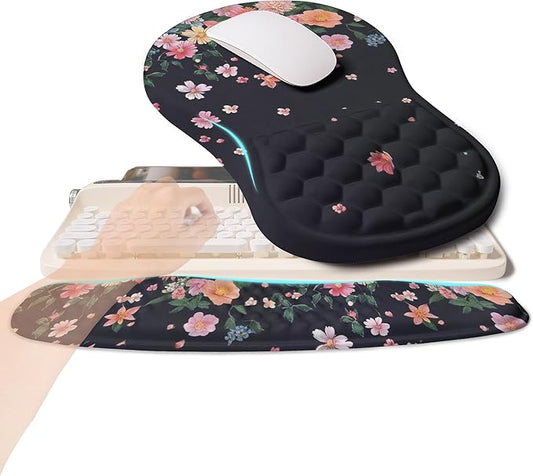 2-in-1 Ergonomic Set, Wave Rise Keyboard Wrist Rest and Massage Bulge Slope Mouse Pad Wrist Support, Cushion Memory Foam Integrated to Relieve Wrist Pain, Flower Dance