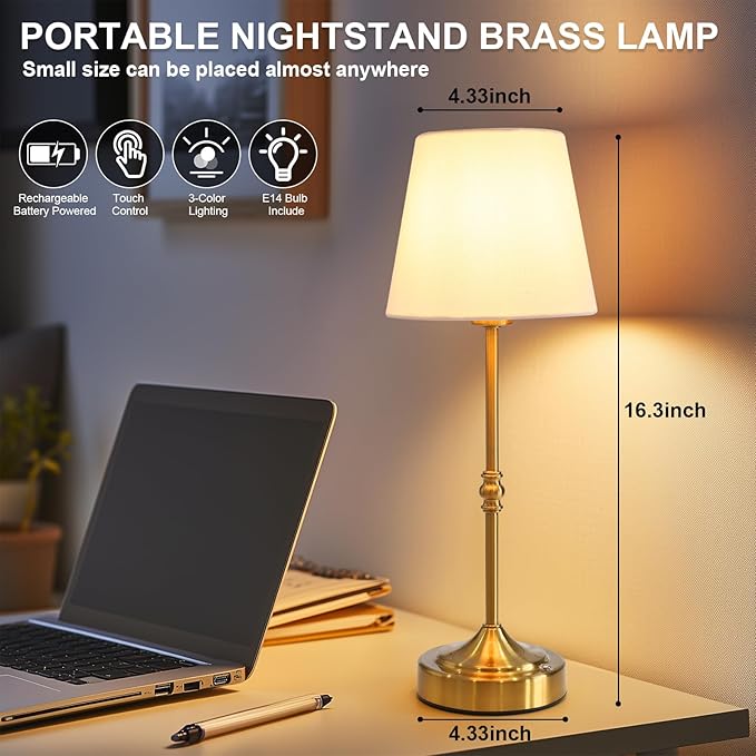 2 Pack Rechargeable Cordless Table Lamp, 5000mAh Battery Operated Lamp, Wireless 3-Level Dimmable Touch Lamp, Portable Night Bedside Brass Lamp, Desk Light for Patio Restaurant Dinning
