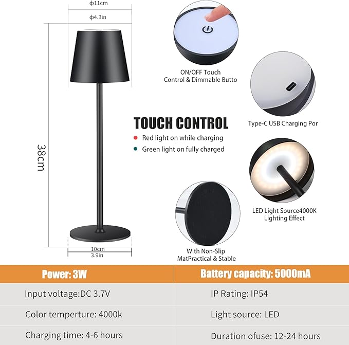 2 Pack Cordless Table Lamp, 5000mAh Portable Rechargeable LED Desk Lamp, 3 Color Modes Stepless Dimming Table Light with Memory Function, for Dinner, Patio, Home, Restaurant.