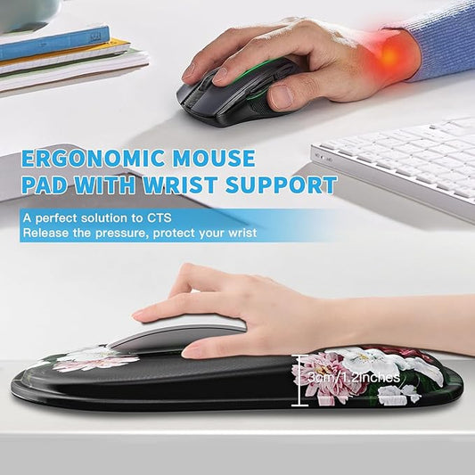 Mouse Pad with Wrist Rest, Ergonomic Mousepads with Wrist Support, Soft Lycra Fabric Memory Foam Office Desk Accessories for Comfort/Pain Relief/PC Gaming/Computer/Laptop (Black Peony)