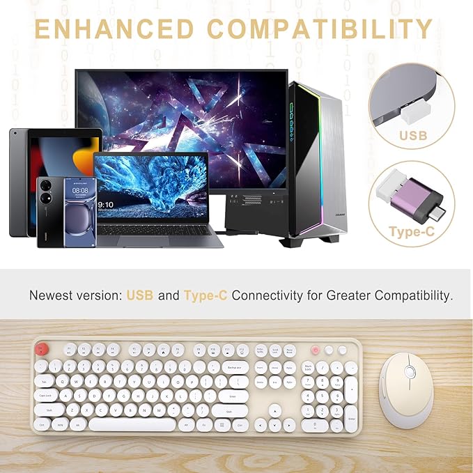 Wireless Keyboard and Mouse Combo, Ergonomic Full Size Typewriter Retro Round Keycaps Keyboard, Compatible with Windows, PC, Perfer for Home and Office Keyboards (Beige