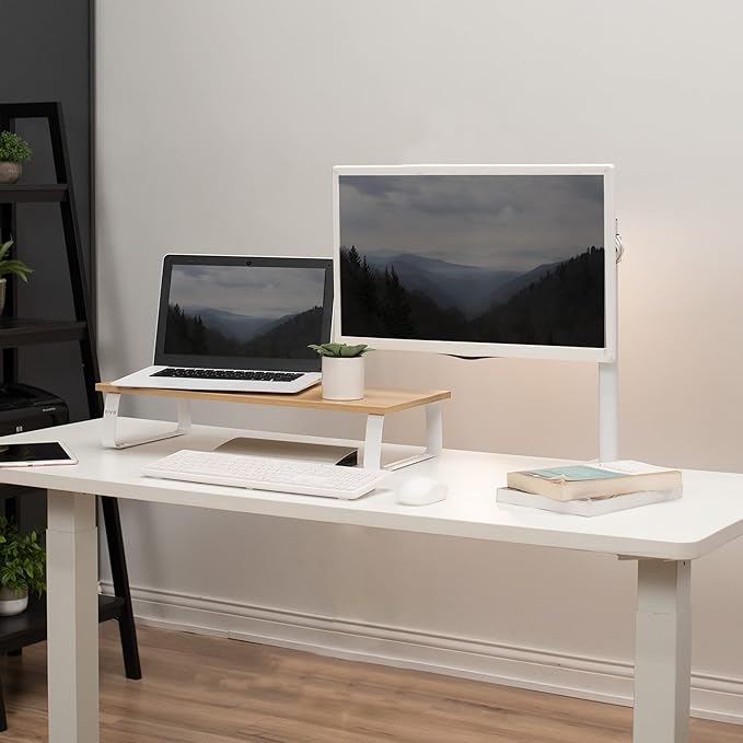 VIVO 24 inch Monitor Stand, Wood and Steel Desktop Riser, Screen, Keyboard, Laptop, Small TV, Ergonomic Desk and Tabletop Organizer, Light Wood, STAND-V000WM