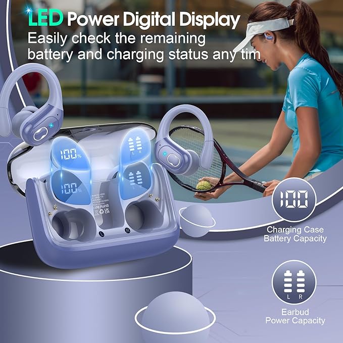 Wireless Earbuds 75hrs Bluetooth 5.4 Headphone Sport, 2025 Bluetooth Earbuds Stereo Deep Bass Over Ear Bud with Earhooks, ENC Noise Cancelling Mic, IPX7 Waterproof Earphone, Purple Blue