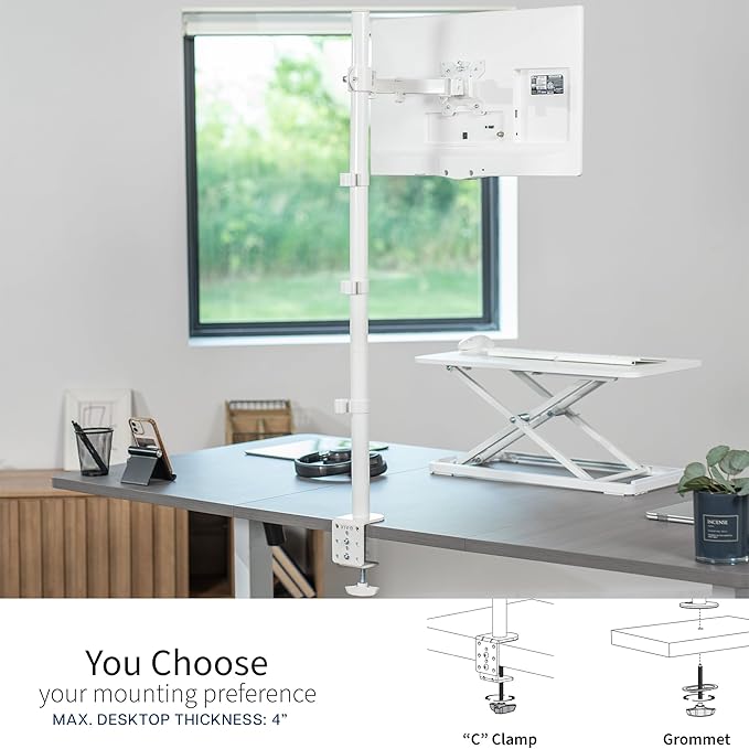 VIVO Extra Tall Single Monitor Desk Mount Stand with 39 inch Pole, Features Full Adjustability - Tilt and Articulation, Holds 13 to 32 inch Screens up to 10kg with VESA Mounting, White, STAND-V011W