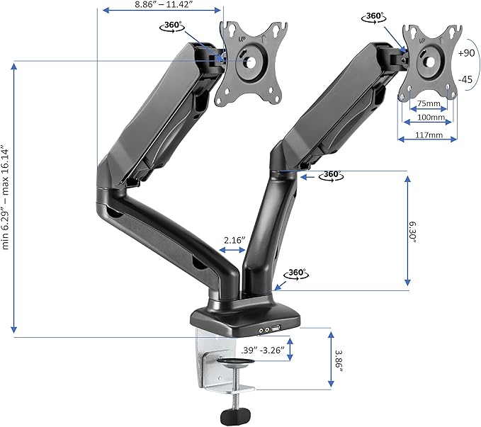 Rocelco 46" Height Adjustable Corner Standing Desk Converter with Dual Monitor Arm Mount Bundle - Sit Stand Up Tabletop Computer Workstation Riser - Extra Large Keyboard Tray - Black (R CADRB-46-MA2)