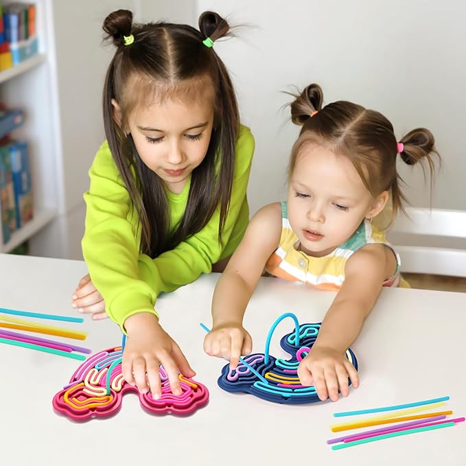 2 Pack Sensory Activity Board Silicone Fidget Toy, Double-Sided Rainbow Sensory Toys for Autism, Stress, Anxiety, ADHD, Kids 3+& Adults, Includes Travel Bag & 24 Strings, Red & Dark Blue
