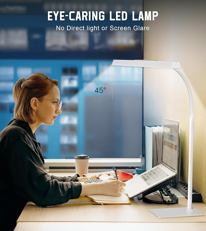 LED Desk Lamp for Home Office with Base, Eye-Caring Architect Task Light with Adjustable Gooseneck 12W USB Adapter Touch Control 5 Dimmable Brightness & Color Tall Lamp for Work,Reading,Craft