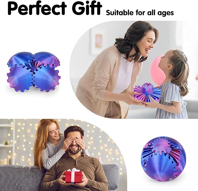 Gear Ball 3D Printed Cube Fidget Toy,Gear Sphere Fidget Toys,Sensory Toys for Stress and Anxiety Relief, Desk Toy Fidget Spinners,Stocking Stuffers for Adults & Kids Gift(Purple Blue, 3.1 Inch)