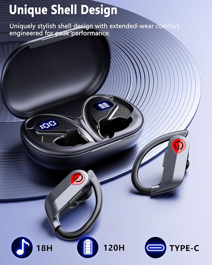 EUQQ Ear Buds Wireless Bluetooth Earbuds, Noise Cancelling Headphones 120H Playtime,IPX7 Waterproof Sports with Earhooks,LED Display Wireless Earphones for Running Gym Workout-Black