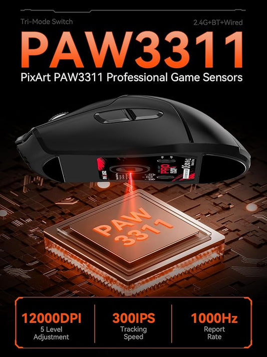 Wireless Gaming Mouse, PAW3311 Sensor, 12,000 DPI, 1,000Hz, Tri Mode (2.4G/Bluetooth/Wired), Ergonomic, USB C Rechargeable, 6 Programmable Buttons, Side Keys Mice for PC/Laptop/Mac (Black)