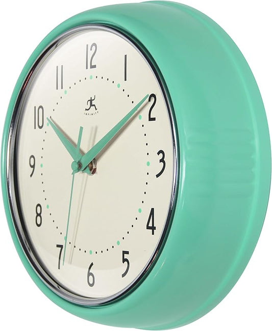 Infinity Instruments LTD. Retro 9 inch Silent Sweep Non-Ticking Mid Century Modern Kitchen Diner Wall Clock Quartz Movement Retro Wall Clock Decorative (Mint Green)