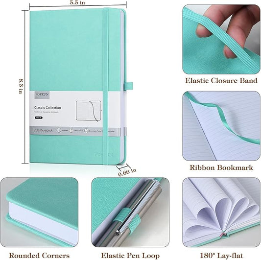 POPRUN A5 Lined Journal Notebooks, Leather Hardcover Thick Notebook for Writing, Business Work, Travel, School, College, Christmas, 5.5 x 8.3 inch, 240 Pages Classic Ruled Journals Notepad, Blue
