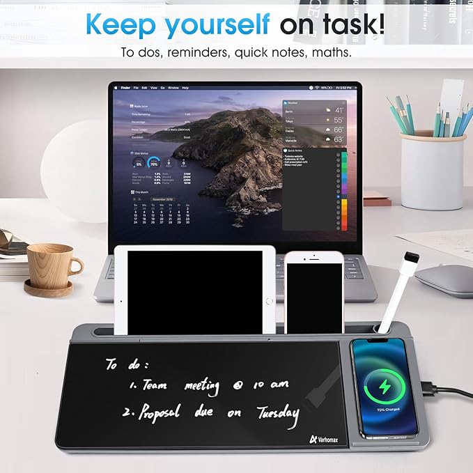 Varhomax Glass Desk Whiteboard with Wireless Charger, Desktop Organizer Dry Erase White Board with Storage, to Do List Memo Notepad for Home Office and School Supplies (Gray & Black)