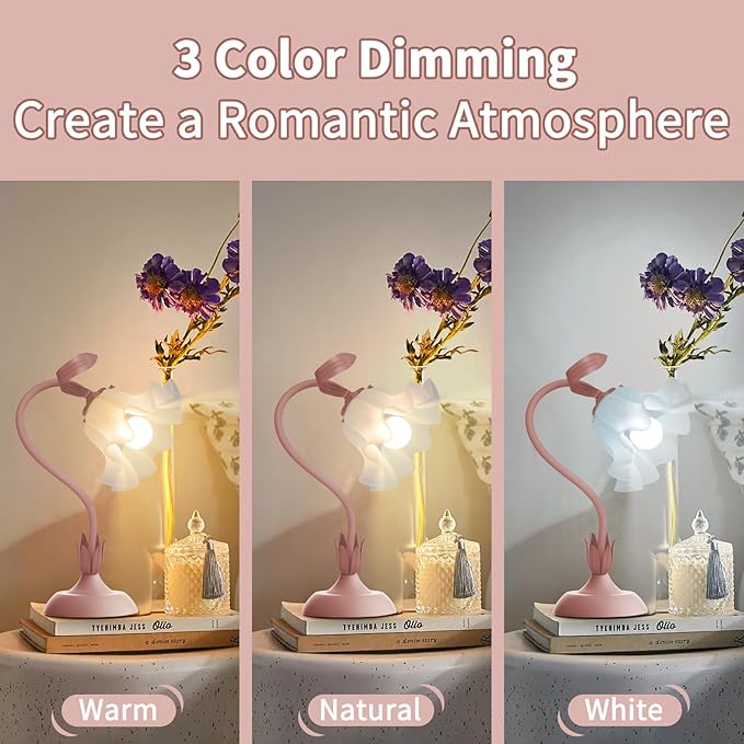 Women Bedside Table Lamps for Bedroom, Cute Flower Desk Lamp with Adjustable Flexible Gooseneck, 3 Color Temperatures Nightstand Lamp with E26 LED Bulbs, Floral Lamp for Living Room, Office,Reading