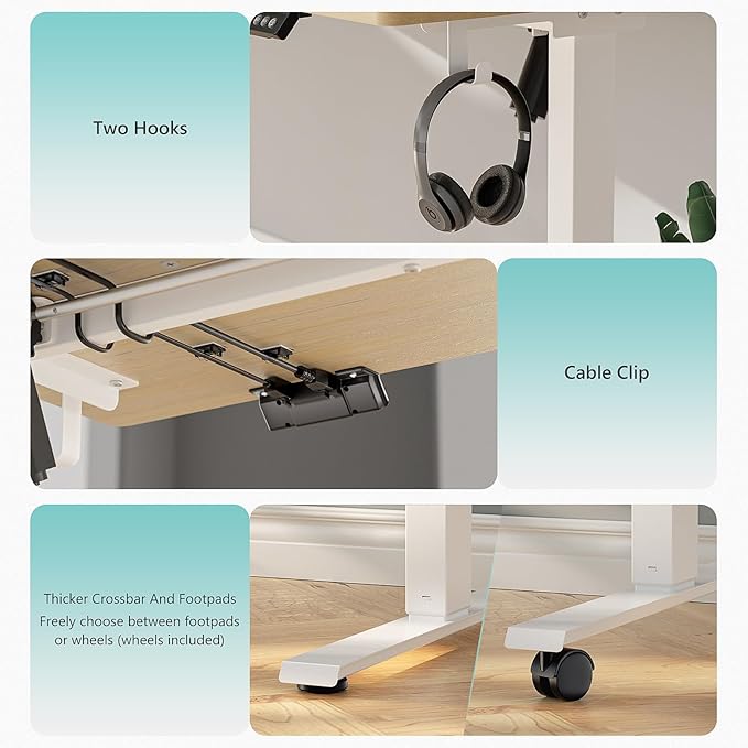 48 x 24 inch Electric Standing Desk Adjustable Height with 4 Wheels, 4 Memory Height Settings, 2 Headphone Hook, Home Office Desk, Splice Board Oak