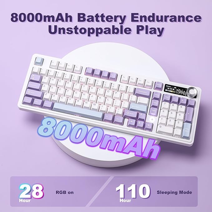 AJAZZ AK980 Mechanical Keyboard with Smart Display & Knob,98% Wireless Keyboard Tri-Mode BT/2.4G/USB-C, Hot Swappable, PBT Keycaps, with RGB Light for Win & Mac(Purple,Murad Switch)