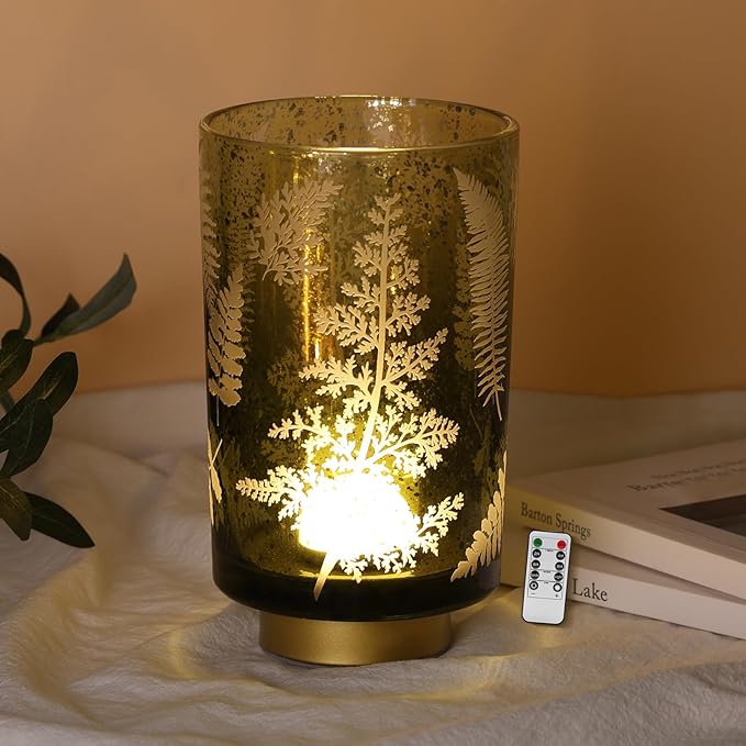 Eywamage Large Battery Operated Glass Table Lamp, Boho Green Ferns Leaves Mood Light with Remote, Cordless Bedside Accent Lamp Room Decor