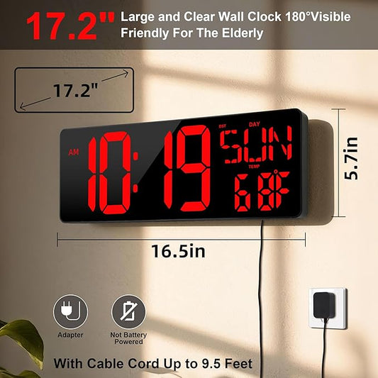 Large Digital Wall Clock with Remote Control 17.2" LED Large Display Timer with Temperature Date Week Auto DST Adjustable Brightness, Big Wall Alarm Clock for Living Room Office Garage Gym Seniors