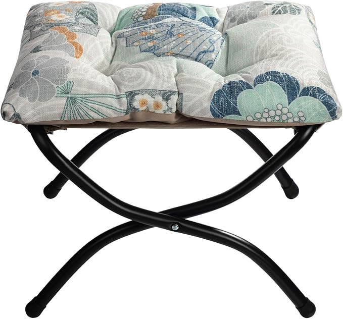 HollyHOME 15"(H) Folding Footrest Stool, Upholstered Small Foldable Ottoman, Accent Padded Sofa Foot Stool for Lazy Chair, Metal Frame Portable Foot Rest Ottoman for Living Room, Bedroom, Fan Print