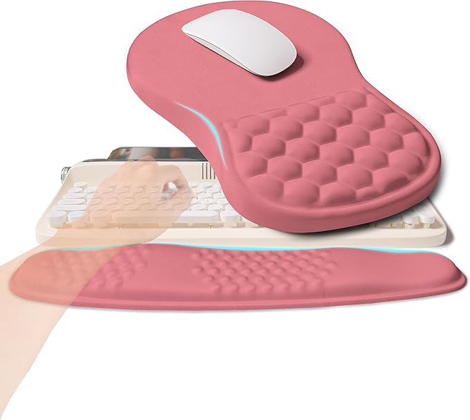 2-in-1 Ergonomic Set, Wave Rise Keyboard Wrist Rest and Massage Bulge Slope Mouse Pad Wrist Support, Cushion Memory Foam Integrated to Relieve Wrist Pain, Muskmelon Pink